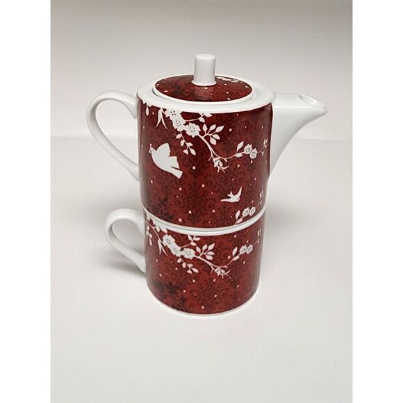 Rosanna Deer & Birds Red Porcelain Stacking Teapot & Teacup for One - Picture 3 of 12